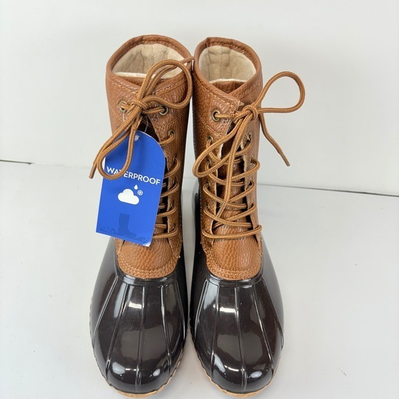 JBU Women's Size 7M‎ Waterproof Lace Up Duck Boots Brown Black Faux Fur Lined - Picture 2 of 7